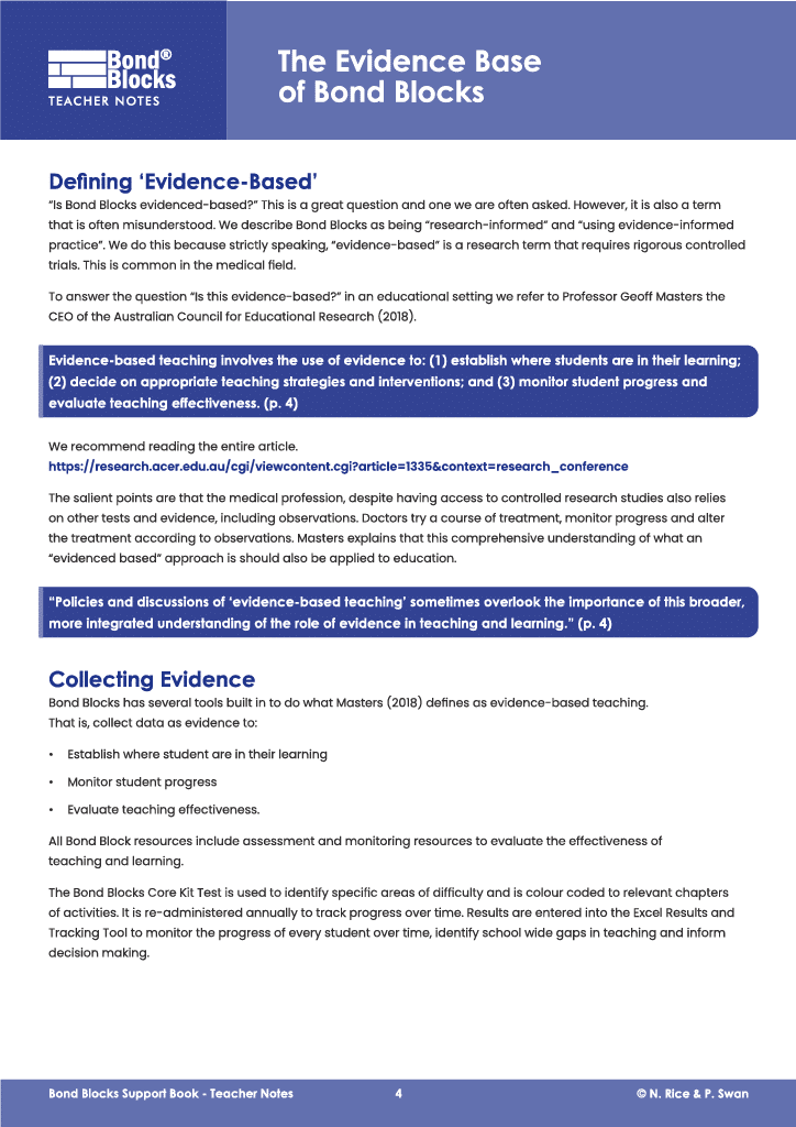 Teacher Notes - Bond Blocks Maths Intervention Program